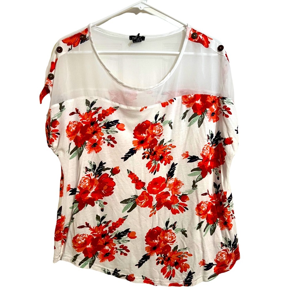 White Rue 21 shirt with red flowers with cute sheer section at the top